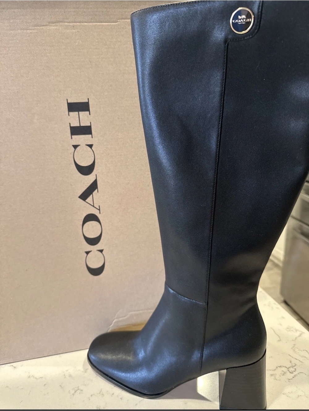 Coach Black Leather Tall Block-Heel Boots